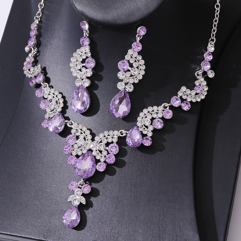 Purple Violet White Flower Bridesmaid Cluster Necklace and Earrings Set -  Cissy Pixie