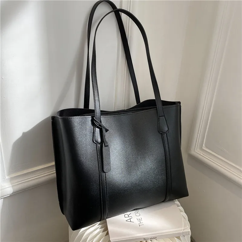 Women Fashionable Simple Solid Color Large Capacity PU Tote Shoulder Bag