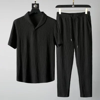 Men Summer Fashion Casual Solid Color Lapel Short Sleeve T-Shirt Pants Plus Size Sets