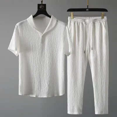 Men Summer Fashion Casual Solid Color Lapel Short Sleeve T-Shirt Pants Plus Size Sets