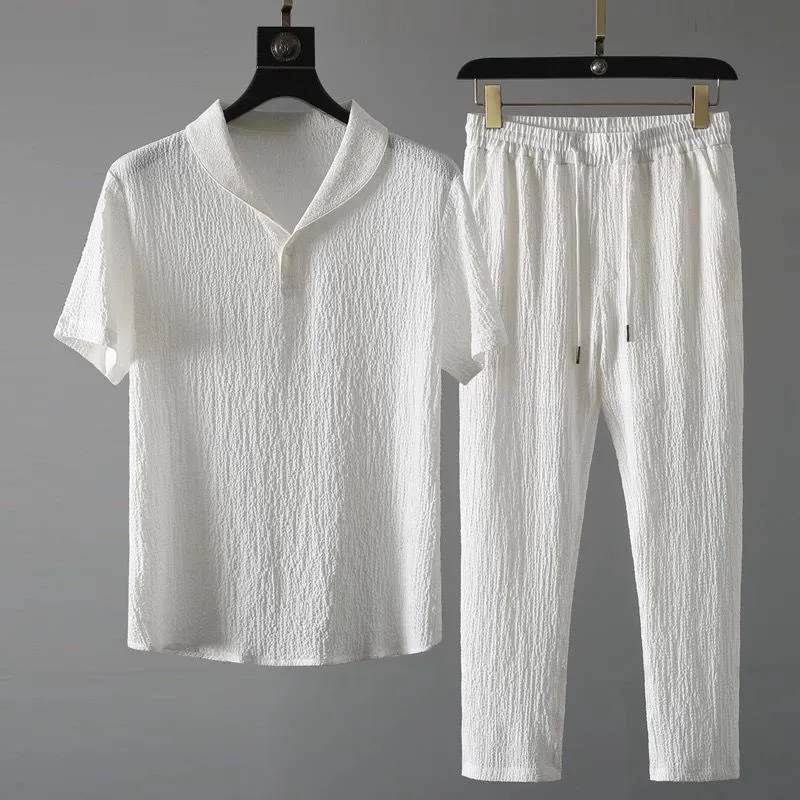 Men Summer Fashion Casual Solid Color Lapel Short Sleeve T-Shirt Pants Plus Size Sets