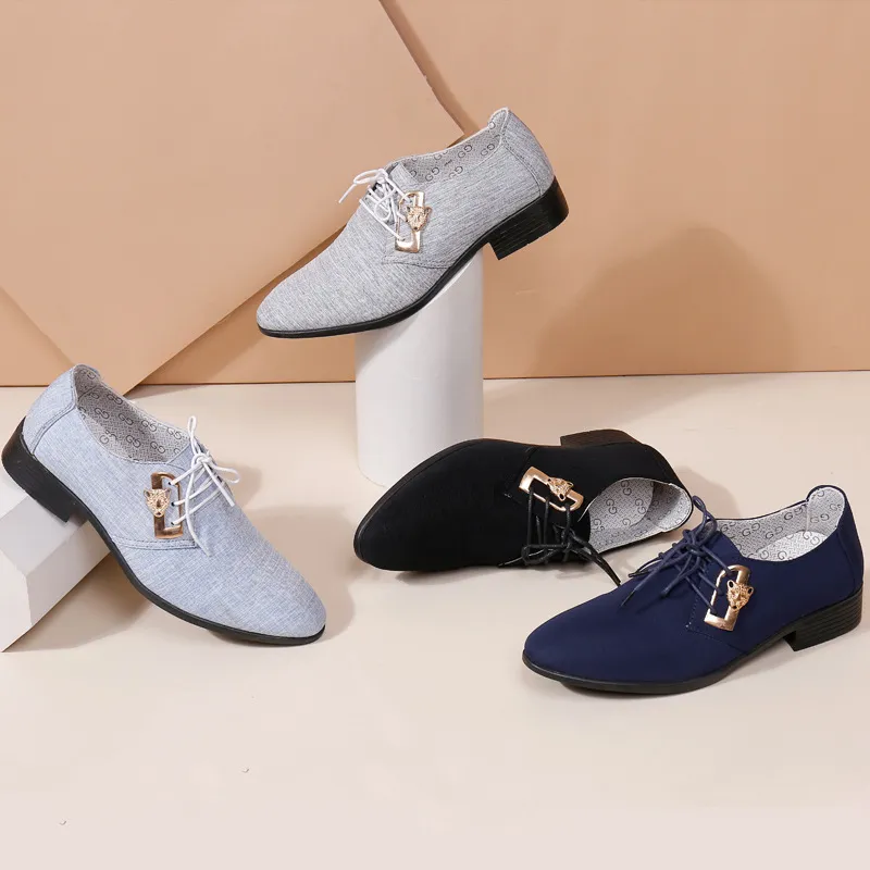 Men Business Canvas Lace-Up Pointed Toe Shoes Office Versatile