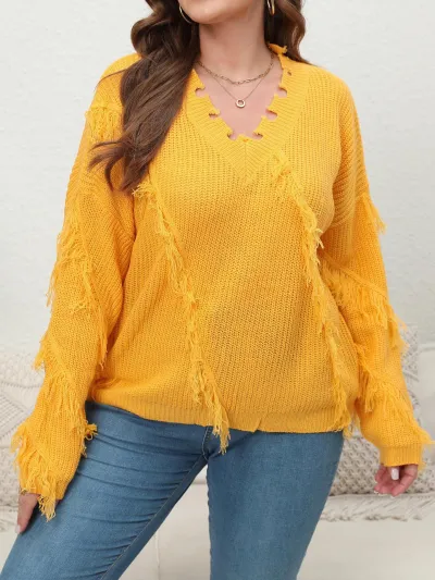 Women Fashion Loose Solid Color Plus Size Tassel Stitching V-Neck Long Sleeve Knitted Sweater