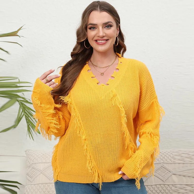 Women Fashion Loose Solid Color Plus Size Tassel Stitching V-Neck Long Sleeve Knitted Sweater