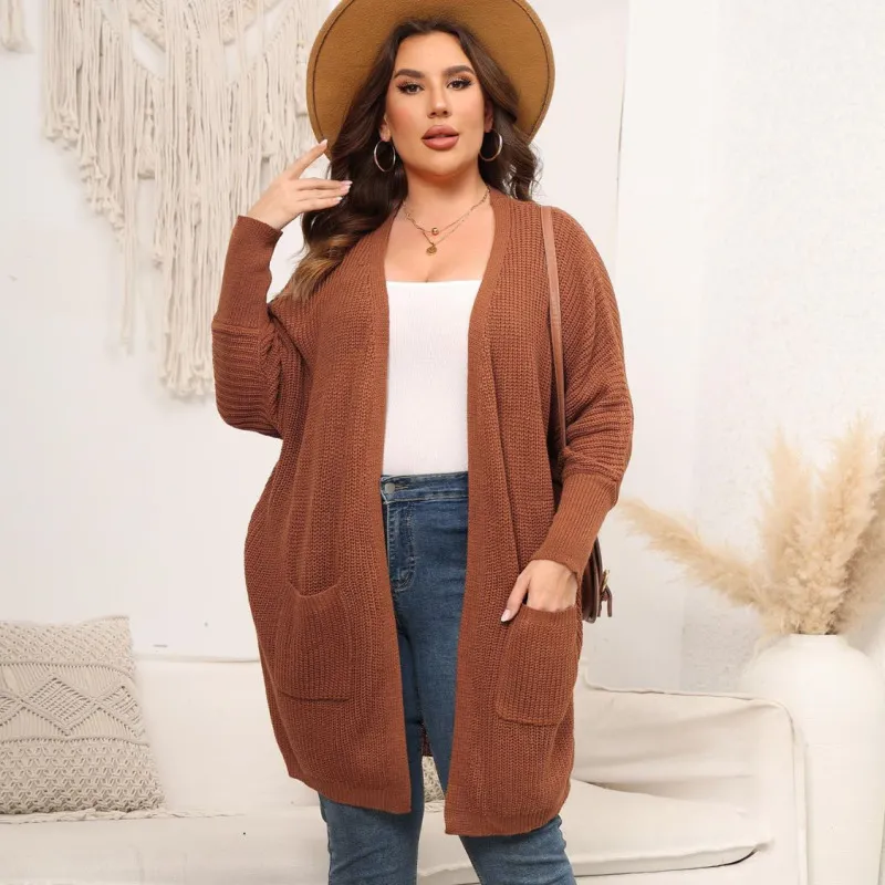 Women Loose Solid Color Plus Size Long Sleeve Pocket Knitted Cardigan Jacket