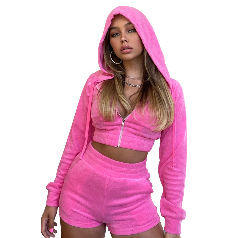セットアップ No.0637 pigment heavy hood & shorts SET (3color) Wholesale Women Fashion Solid Color Zipper Cropped Long