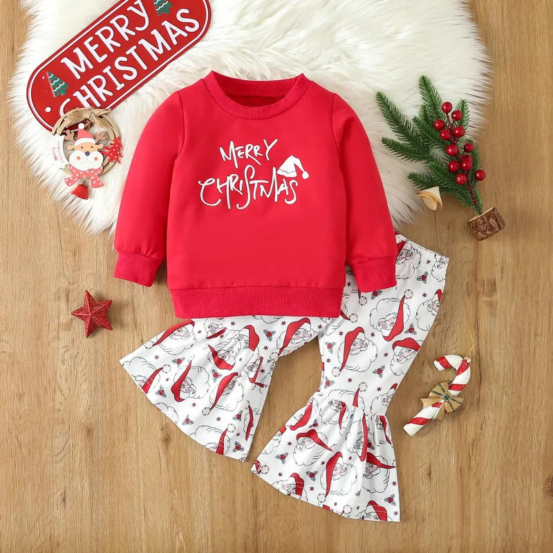 Wholesale Kids Toddler Girls Casual Cute Party Santa Letters Round Neck  Long Sleeve T-Shirt Flare Trousers Sets