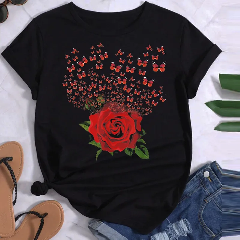 Women Fashion Heart Butterfly Rose Printed Round Neck Short Sleeve T-Shirt