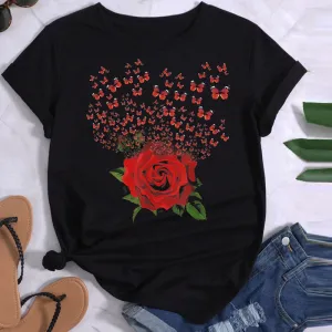 Women Fashion Heart Butterfly Rose Printed Round Neck Short Sleeve T-Shirt