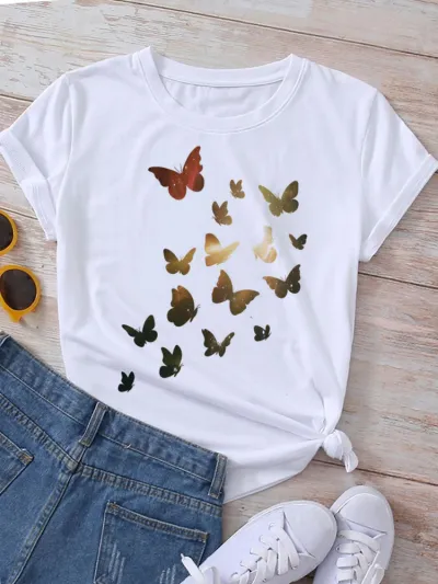 Women Fashion Heart Butterfly Rose Printed Round Neck Short Sleeve T-Shirt