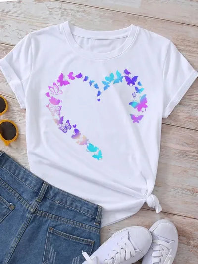 Women Fashion Heart Butterfly Rose Printed Round Neck Short Sleeve T-Shirt