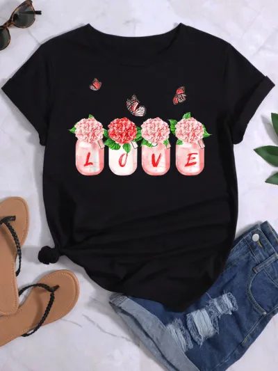 Women Fashion Heart Butterfly Rose Printed Round Neck Short Sleeve T-Shirt