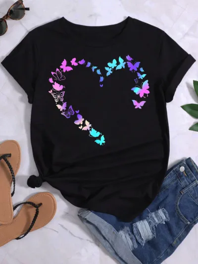 Women Fashion Heart Butterfly Rose Printed Round Neck Short Sleeve T-Shirt