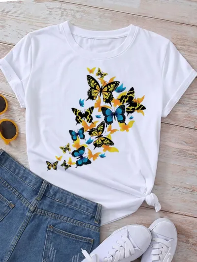 Women Fashion Heart Butterfly Rose Printed Round Neck Short Sleeve T-Shirt