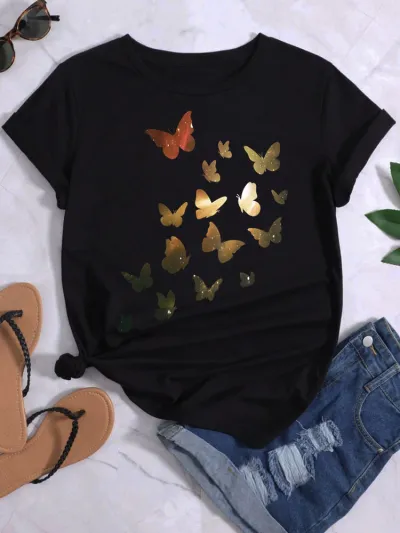 Women Fashion Heart Butterfly Rose Printed Round Neck Short Sleeve T-Shirt