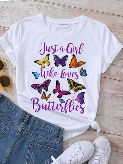 Women Fashion Heart Butterfly Rose Printed Round Neck Short Sleeve T-Shirt