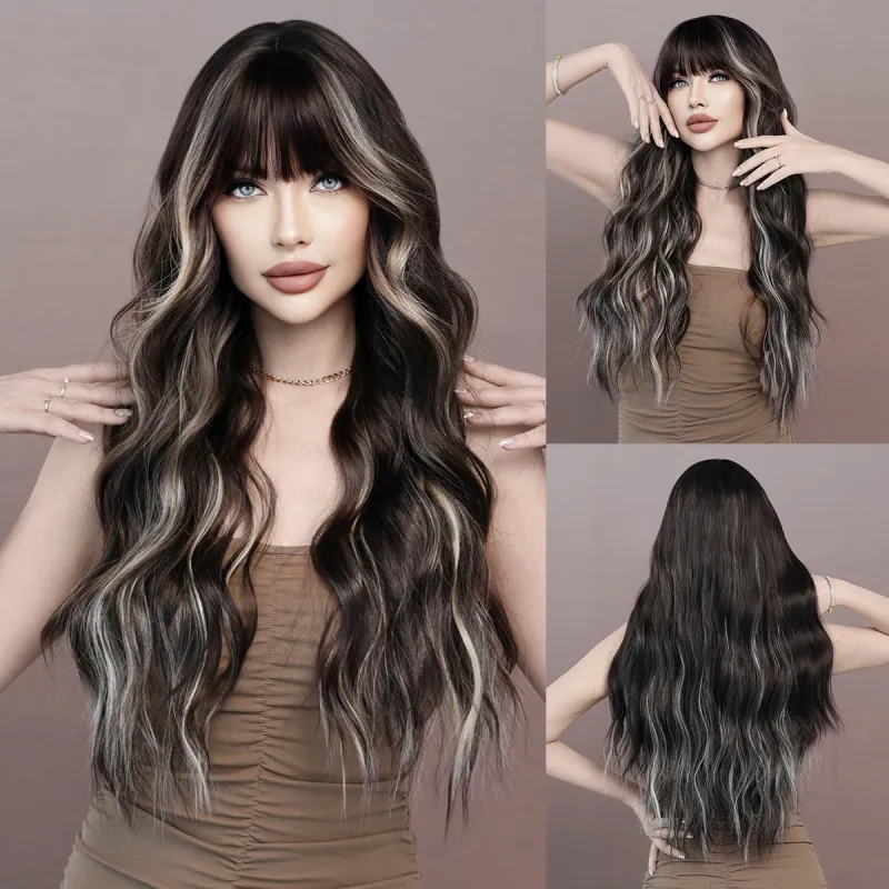 Women Fashion Highlights Long Curly Hair Wig With Qi Bangs