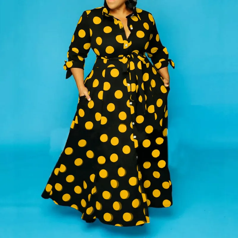 Women Fashion Plus Size Shirt Long Sleeve Dot Print Dress
