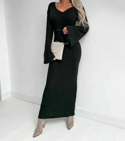 Autumn Winter Women Sexy Knitted V-Neck Horn Sleeve Maxi Dress