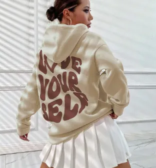 Women Loose Casual Back Letter Print Long Sleeve Hoodie
