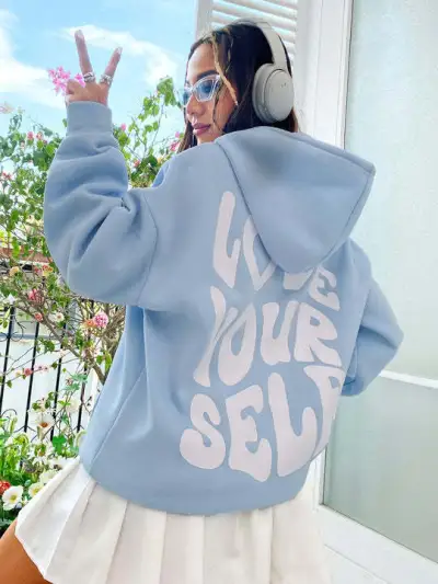 Women Loose Casual Back Letter Print Long Sleeve Hoodie