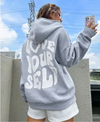 Women Loose Casual Back Letter Print Long Sleeve Hoodie