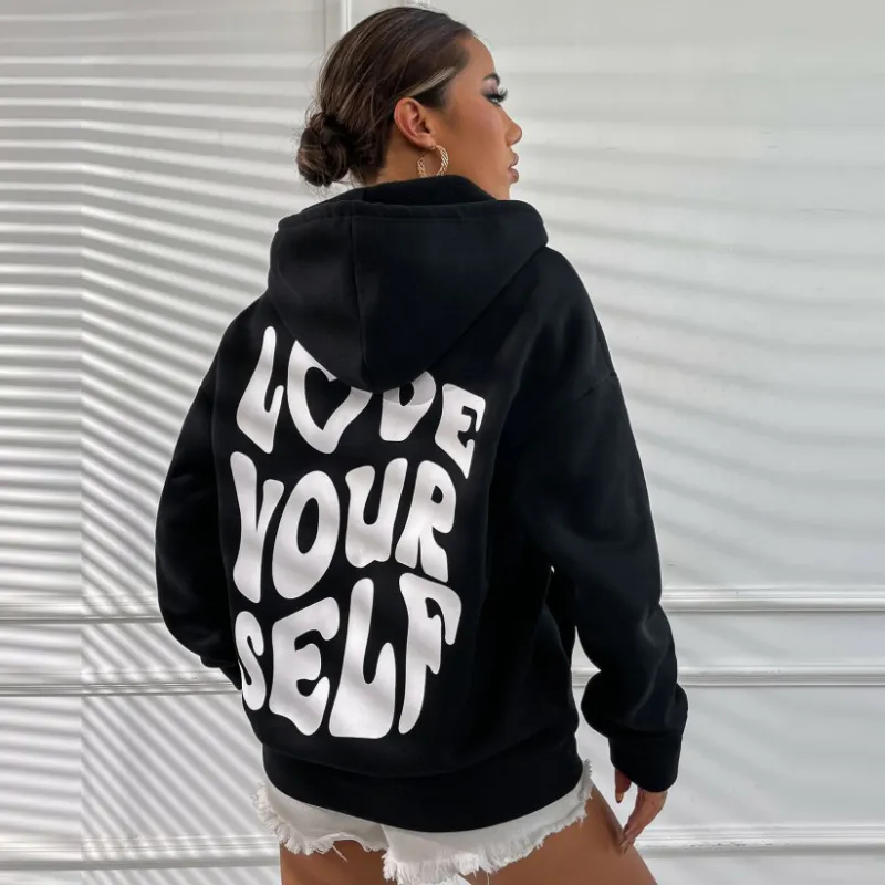 Women Loose Casual Back Letter Print Long Sleeve Hoodie