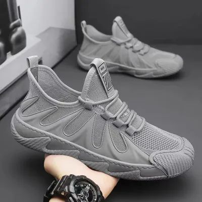 Men Casual Solid Color Versatile Ventilated Mesh Lace-Up Flat Sports Shoes