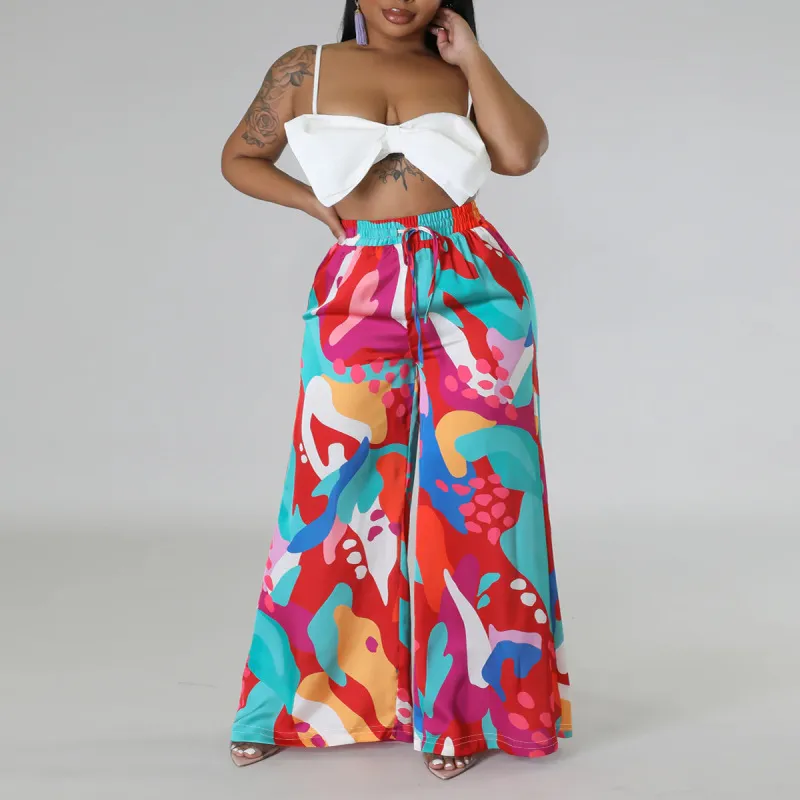 Women Fashion Casual Plus Size Graphic Printed Lace-Up Waist Wide-Leg Pants