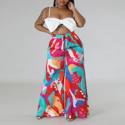 Women Fashion Casual Plus Size Graphic Printed Lace-Up Waist Wide-Leg Pants