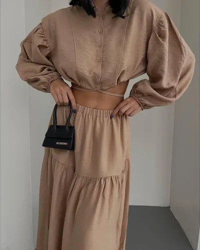 Women Fashion Solid Color Long Sleeve Crop Top Skirt Two-Piece Set