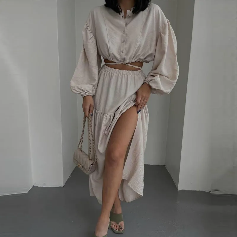 Women Fashion Solid Color Long Sleeve Crop Top Skirt Two-Piece Set