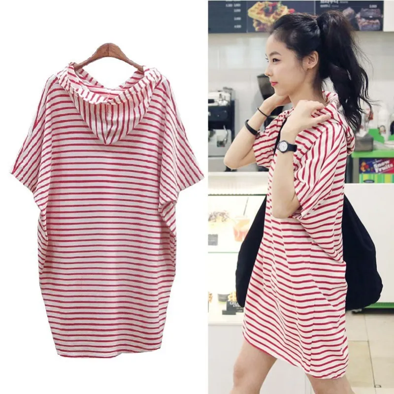 Women Casual Stripe Printed Loose Hooded Dress
