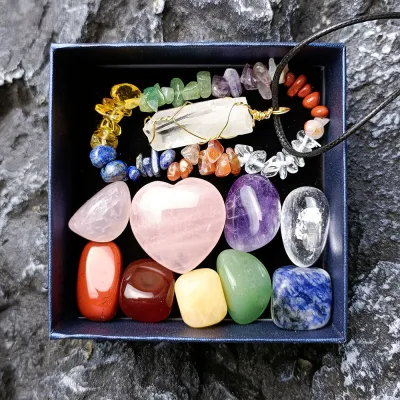 Natural Crystal Jade Colorful Stone Combination Suit Powder Crystal Love Hexagon Pendant Multicolor Matching Gift Box