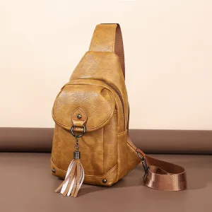 Women Fashion Solid Color Tassel Pendant PU Zipper Chest Bag