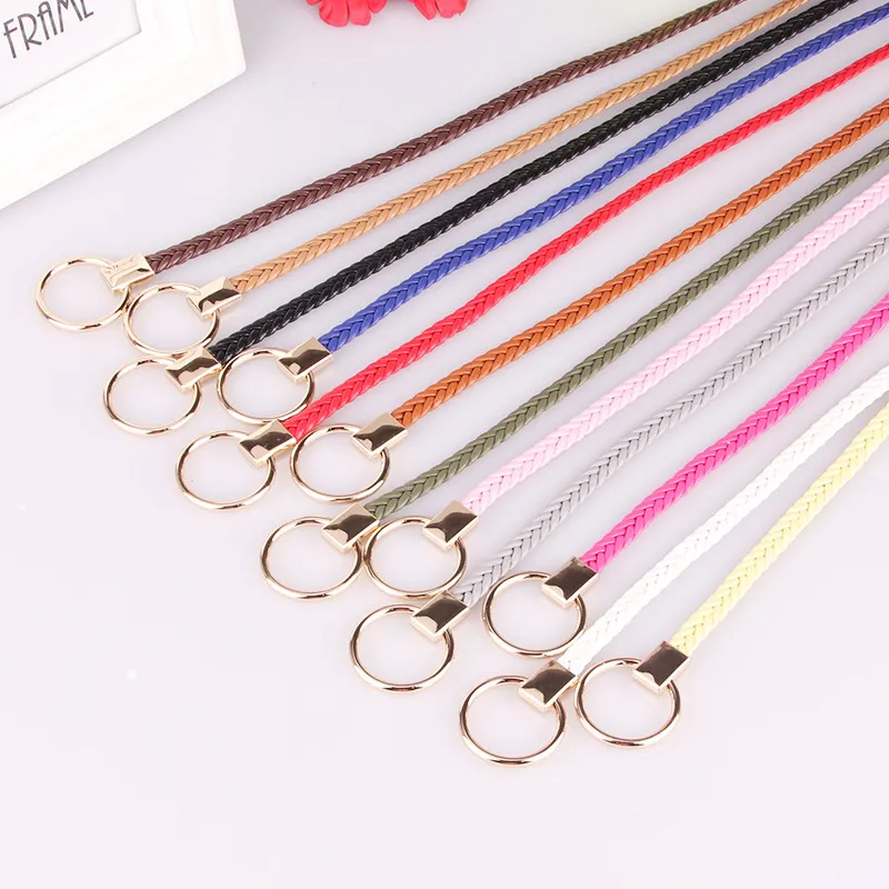Women Fashion Casual Versatile Solid Color Woven Metal Buckle PU Thin Belt