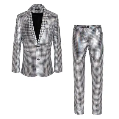 Men Fashion Wedding Party Nightclub Plaid Long Sleeve Lapel Suit Pants Plus Size Sets