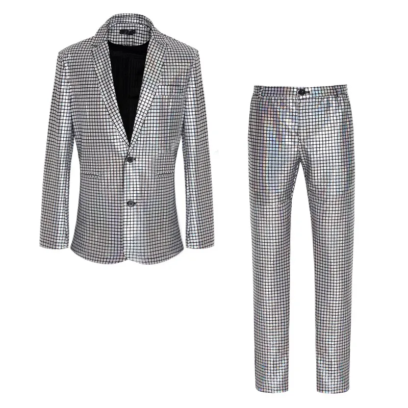 Men Fashion Wedding Party Nightclub Plaid Long Sleeve Lapel Suit Pants Plus Size Sets