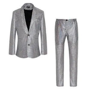 Men Fashion Wedding Party Nightclub Plaid Long Sleeve Lapel Suit Pants Plus Size Sets