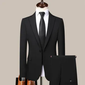 Men Fashion Business Office Solid Color Long Sleeve Lapel Suit Pants Plus Size Slim Fit Sets
