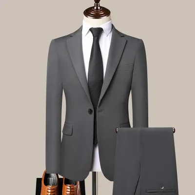Men Fashion Business Office Solid Color Long Sleeve Lapel Suit Pants Plus Size Slim Fit Sets