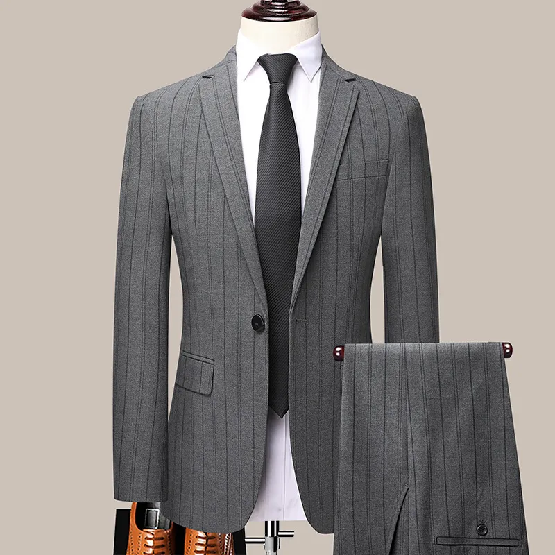 Men Stretchy Striped Business Suit Set Plus Size Long Sleeve Lapel Pants Slim Fit