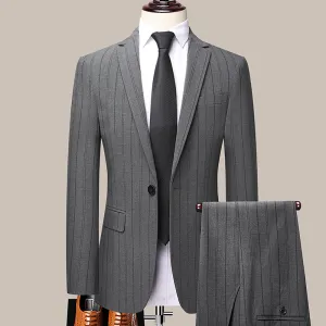 Men Stretchy Striped Business Suit Set Plus Size Long Sleeve Lapel Pants Slim Fit