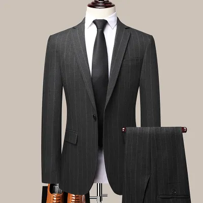 Men Stretchy Striped Business Suit Set Plus Size Long Sleeve Lapel Pants Slim Fit