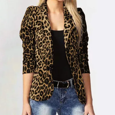 Women Fashion Leopard Print Long Sleeve Blazer Coat
