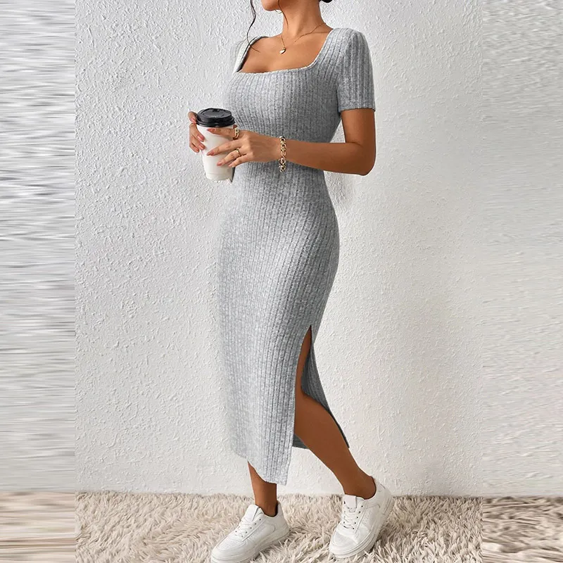 Women Casual Square Collar Rib Knit Midi Dress with Side Slit