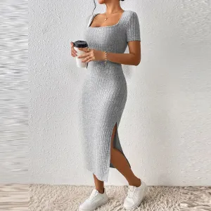 Women Casual Square Collar Rib Knit Midi Dress with Side Slit