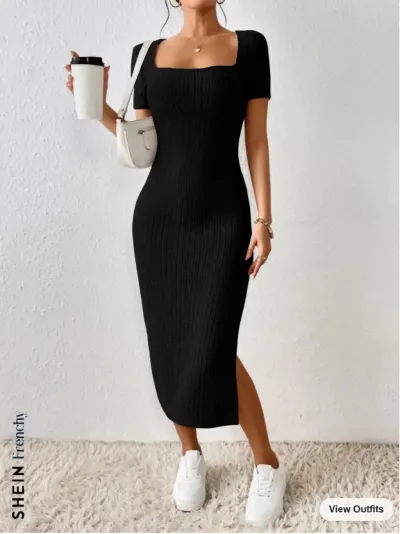 Women Casual Square Collar Rib Knit Midi Dress with Side Slit