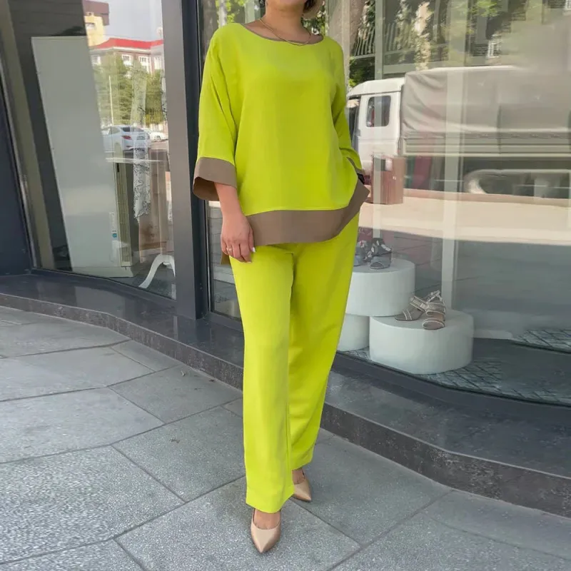 Women Casual Loose Round Neck Long Sleeve Top Straight Pants Two-Piece Set