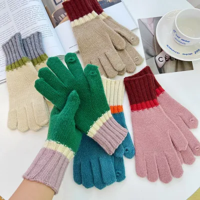 Winter Women Fashion Color Matching Warm Knitted Wool Gloves